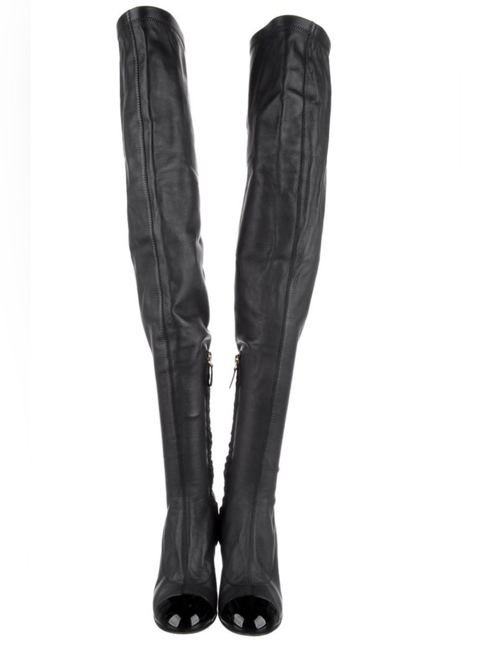 Chanel black leather Over-The-Knee Women's Boot with chain Accent Heel cc logo - Picture 4 of 16